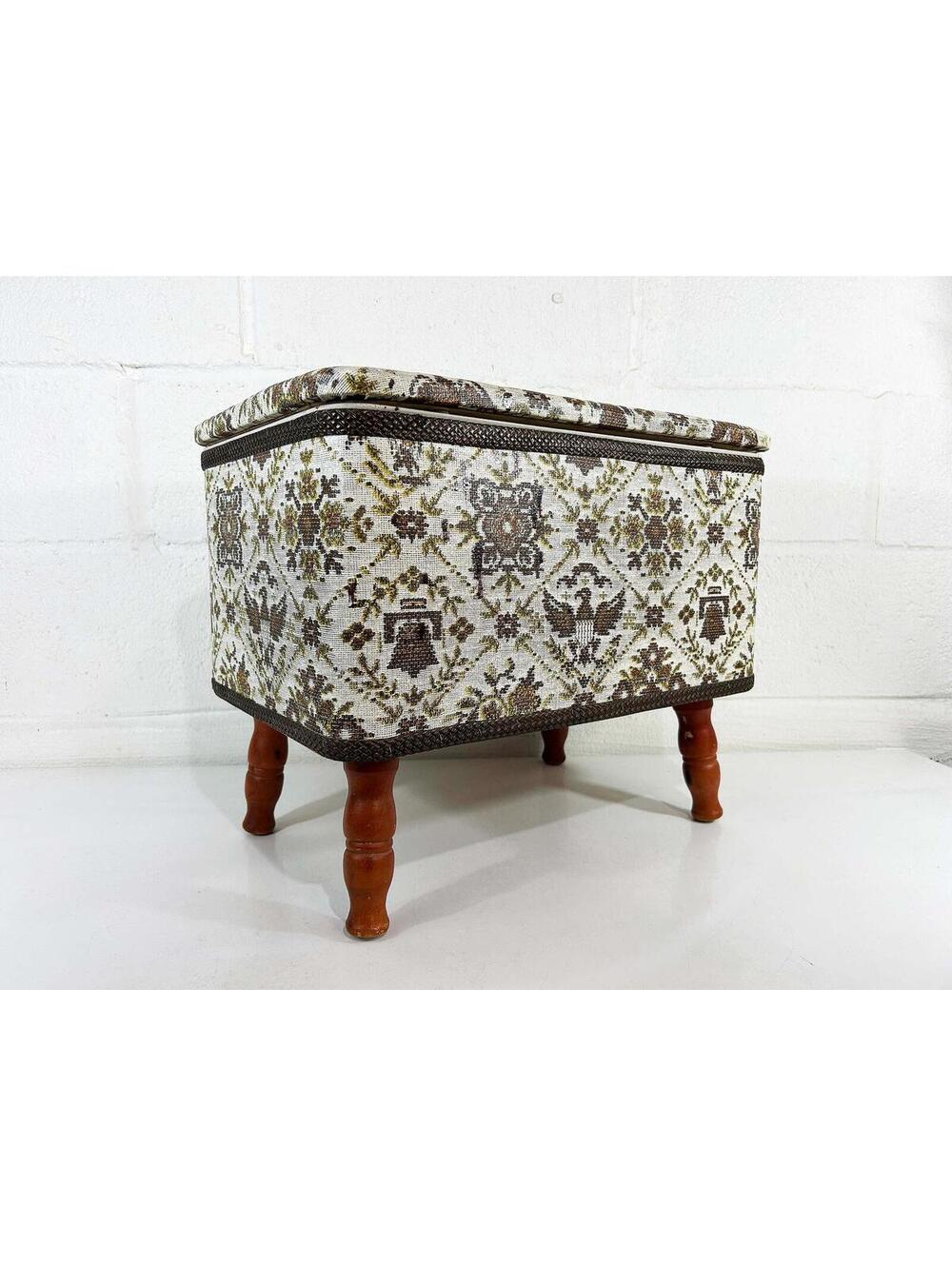 Vintage Vinyl Footstool Ottoman Sewing Storage Americana Box Wooden Eagle 1970s
